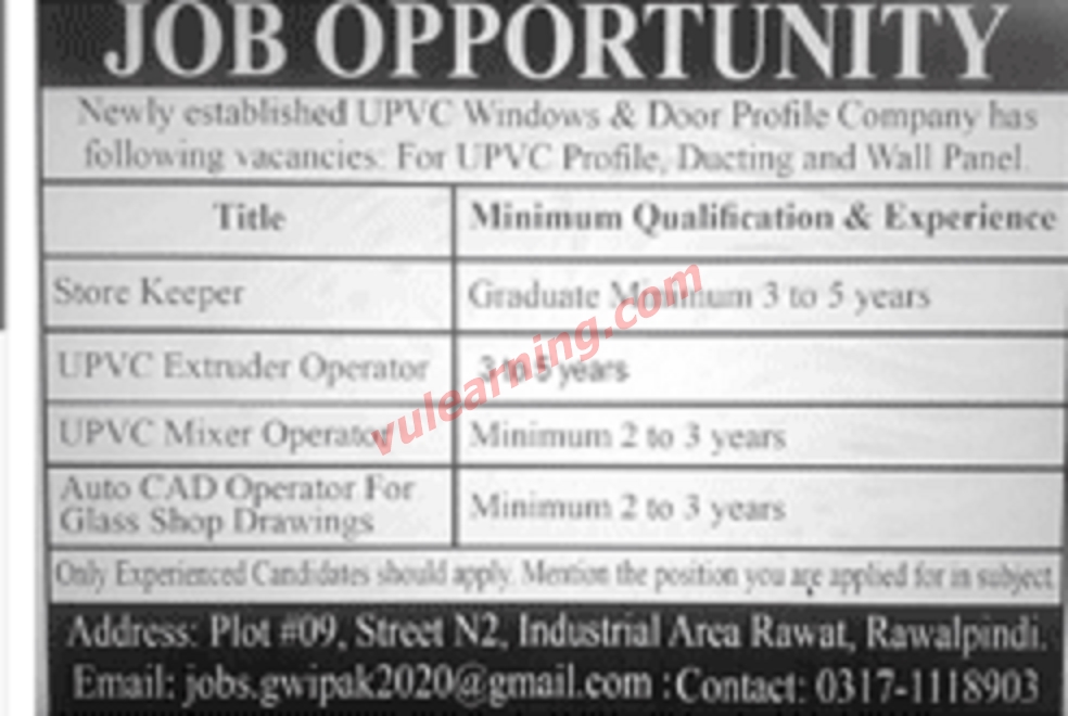 Newly established UPVC Windows & Door Profile Company Jobs 2020 for