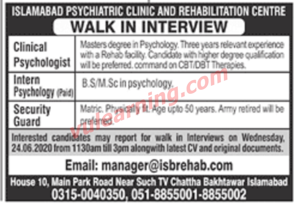 Islamabad Psychiatric Clinic & Rehabilitation Centre Islamabad Jobs
