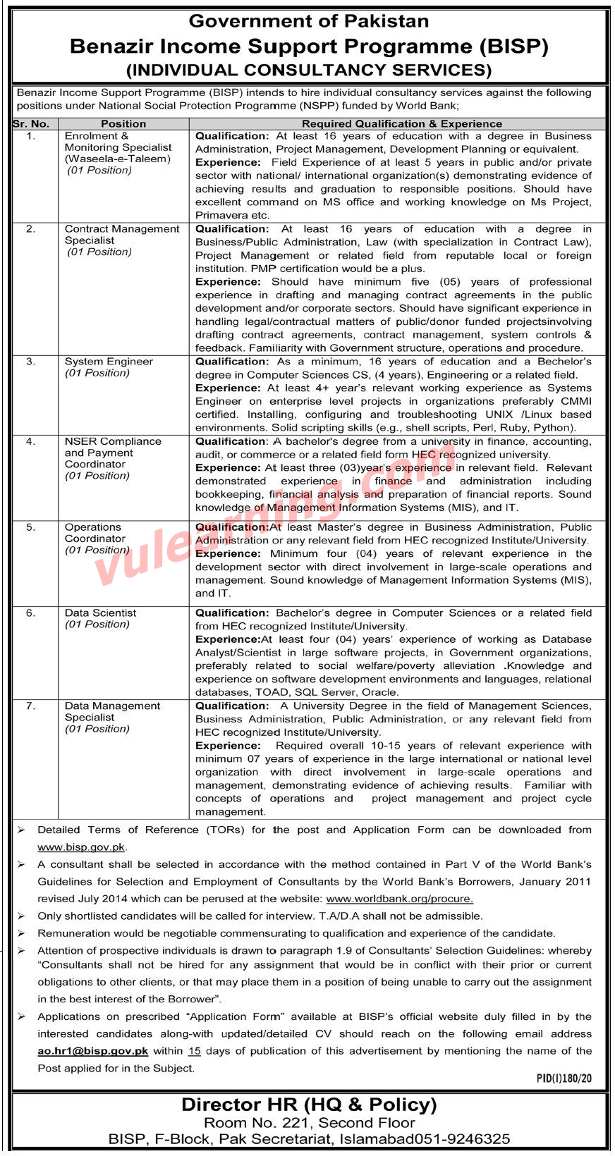 Benazir Support Programme (BISP) Jobs 2020 for Operations