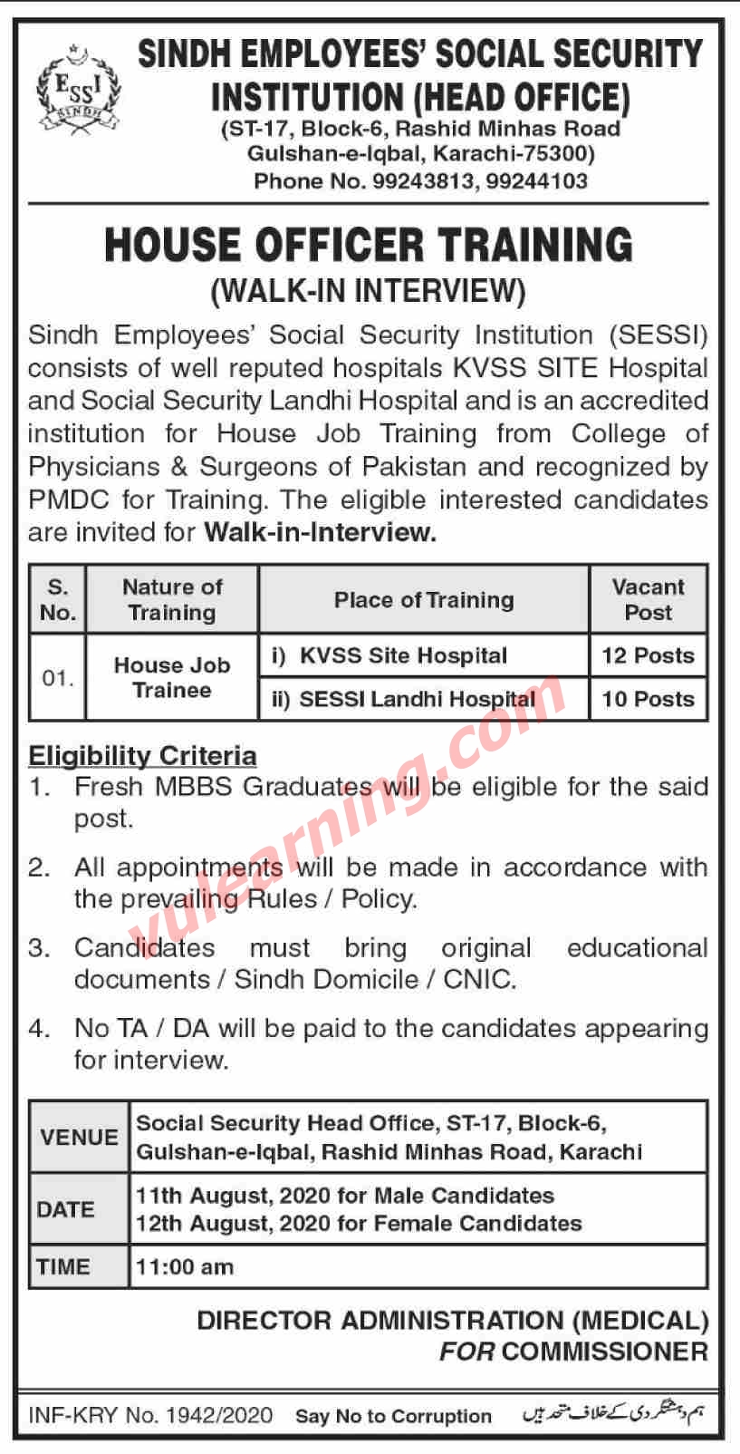 Sindh Employees Social Security Institution (SESSI) Jobs 2020 for House