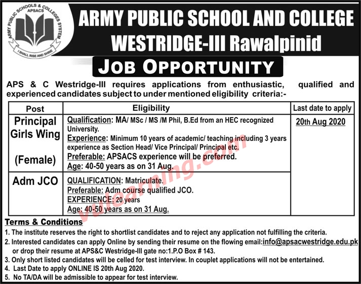 Army Public School & College WestridgeIII Rawalpindi Jobs 2020 for