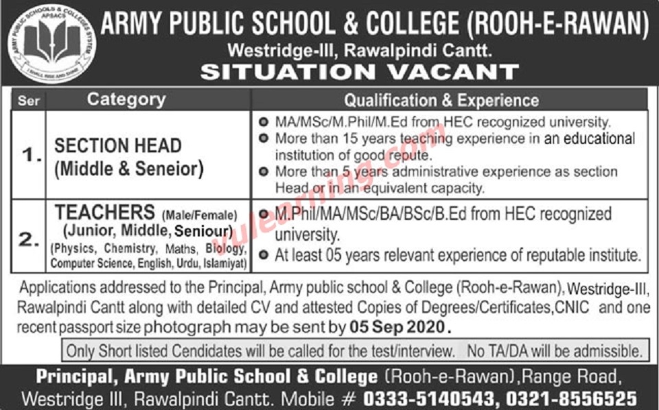 Army Public School & College WestridgeIII Rawalpindi Cantt Jobs 2020