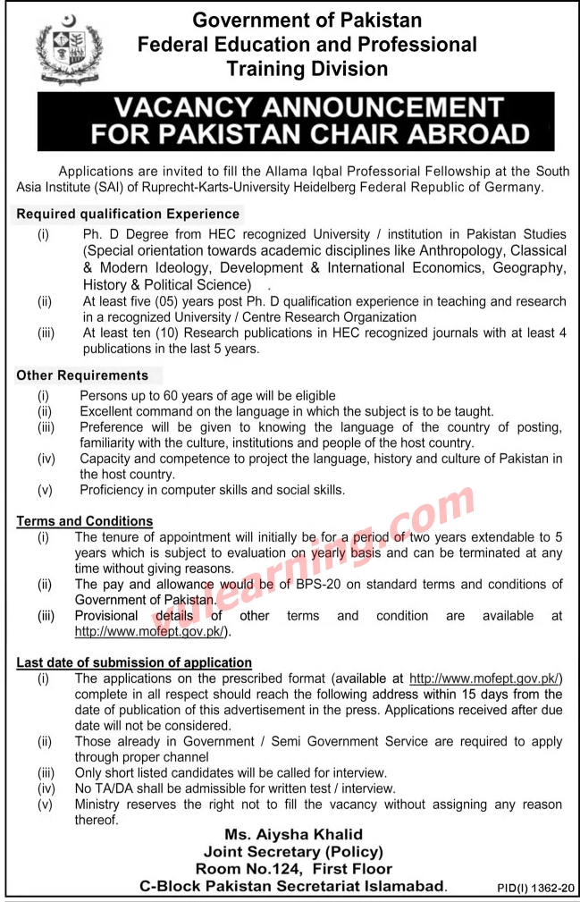 Federal Education & Professional Training Division Jobs 2020 for