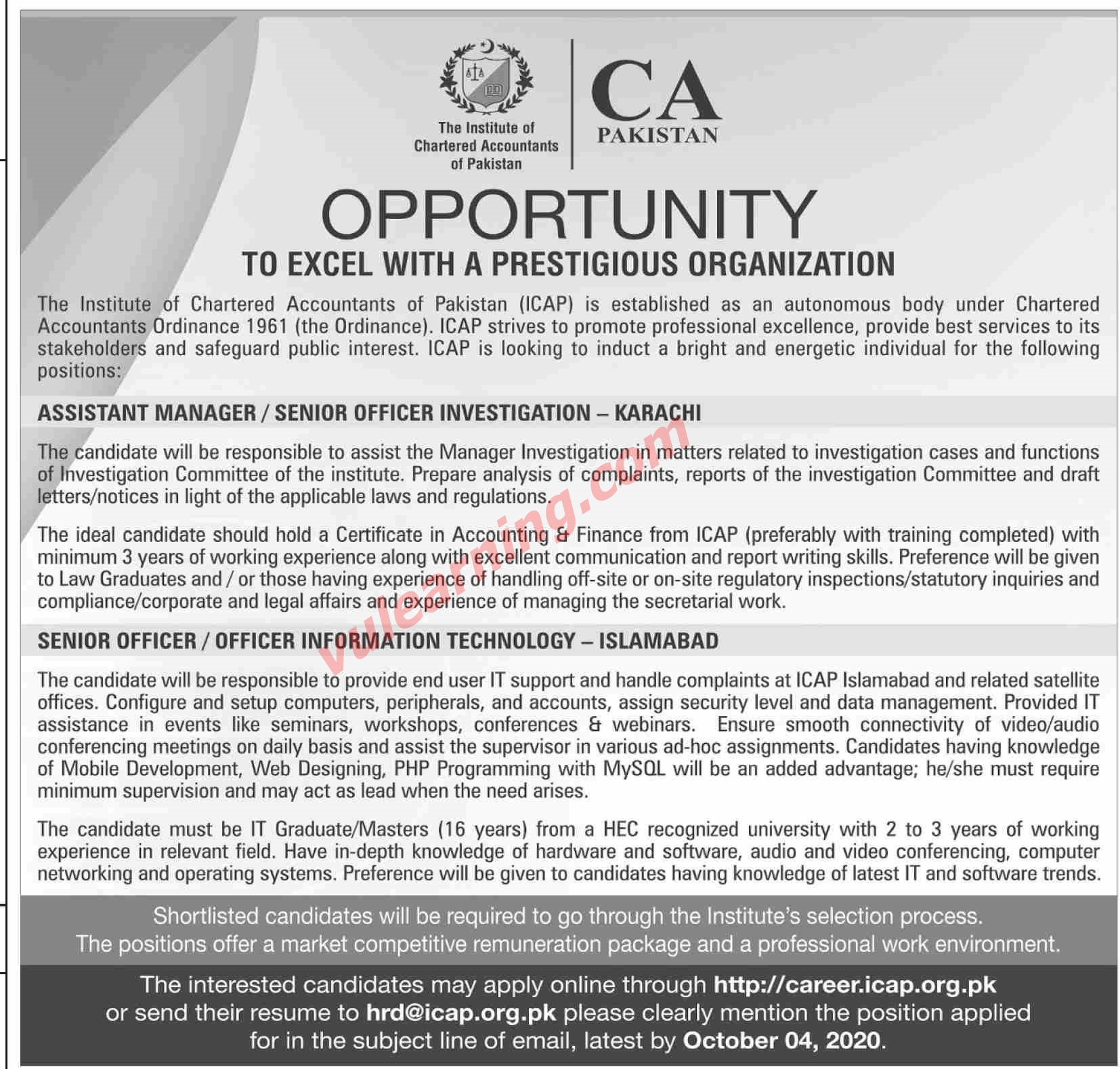 Advertisement of Institute of Chartered Accountant of Pakistan (ICAP