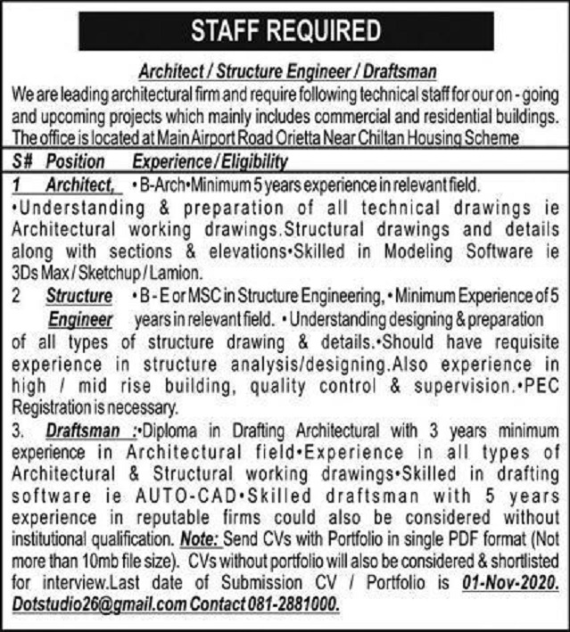 Advertisement of Leading Architectural Firm Jobs 2020 for Architect