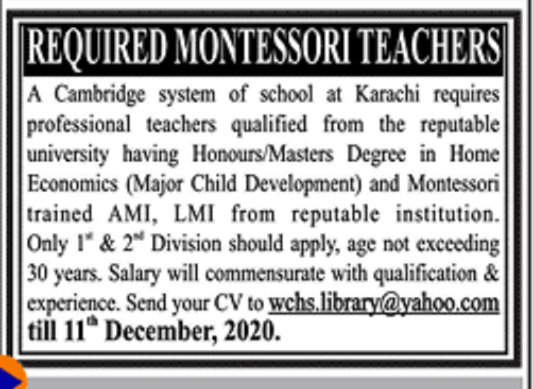 WCHS Public School Gulistan e Jauhar Karachi Jobs 2020 for Montessori