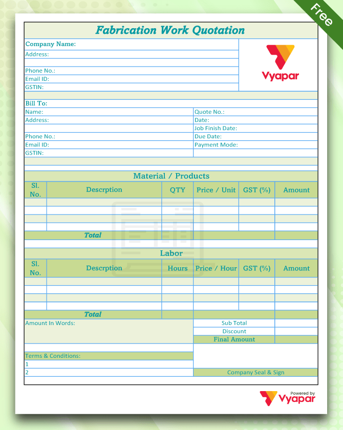 Fabrication Work Quotation Format Free Download