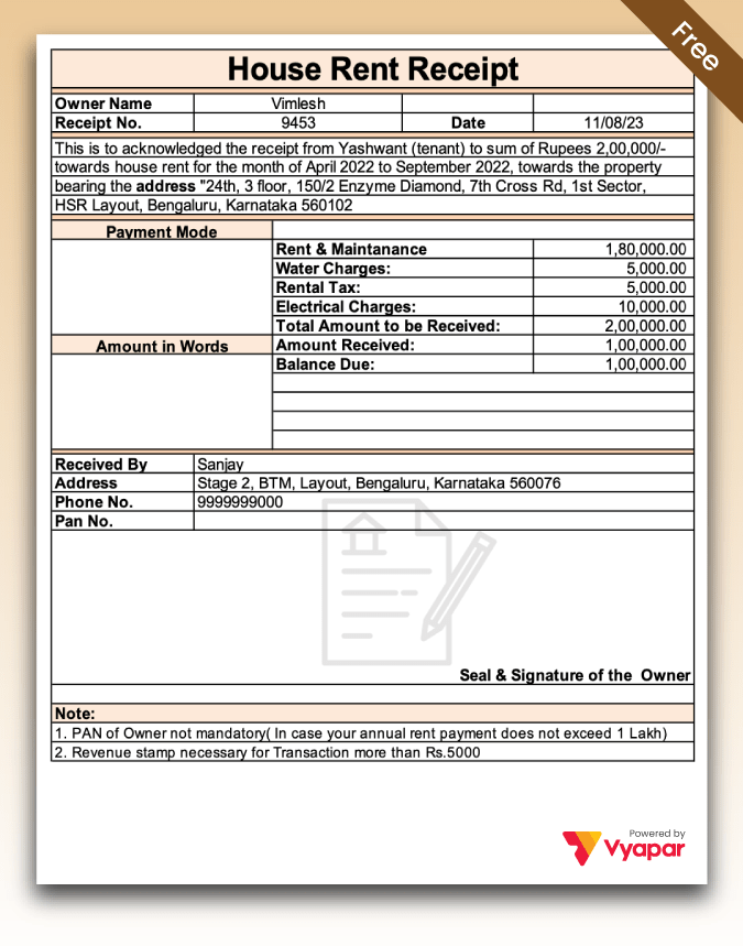 House Rent Receipt Format Free Download