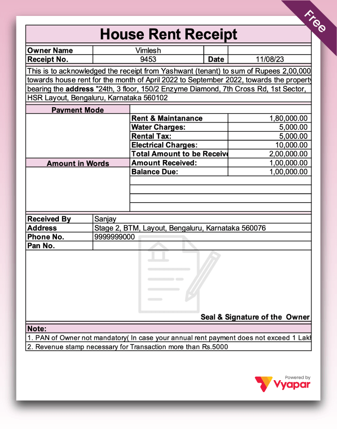 House Rent Receipt Format Free Download
