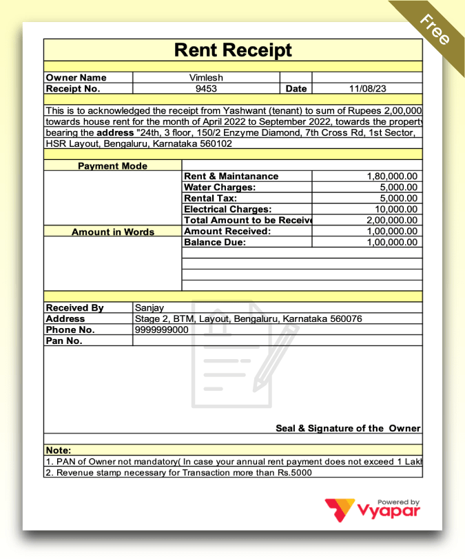 Rent Receipt Format Free Download