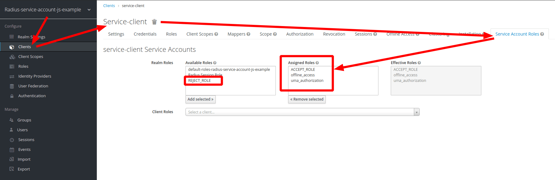 An example of a call from backend service to radius using a service