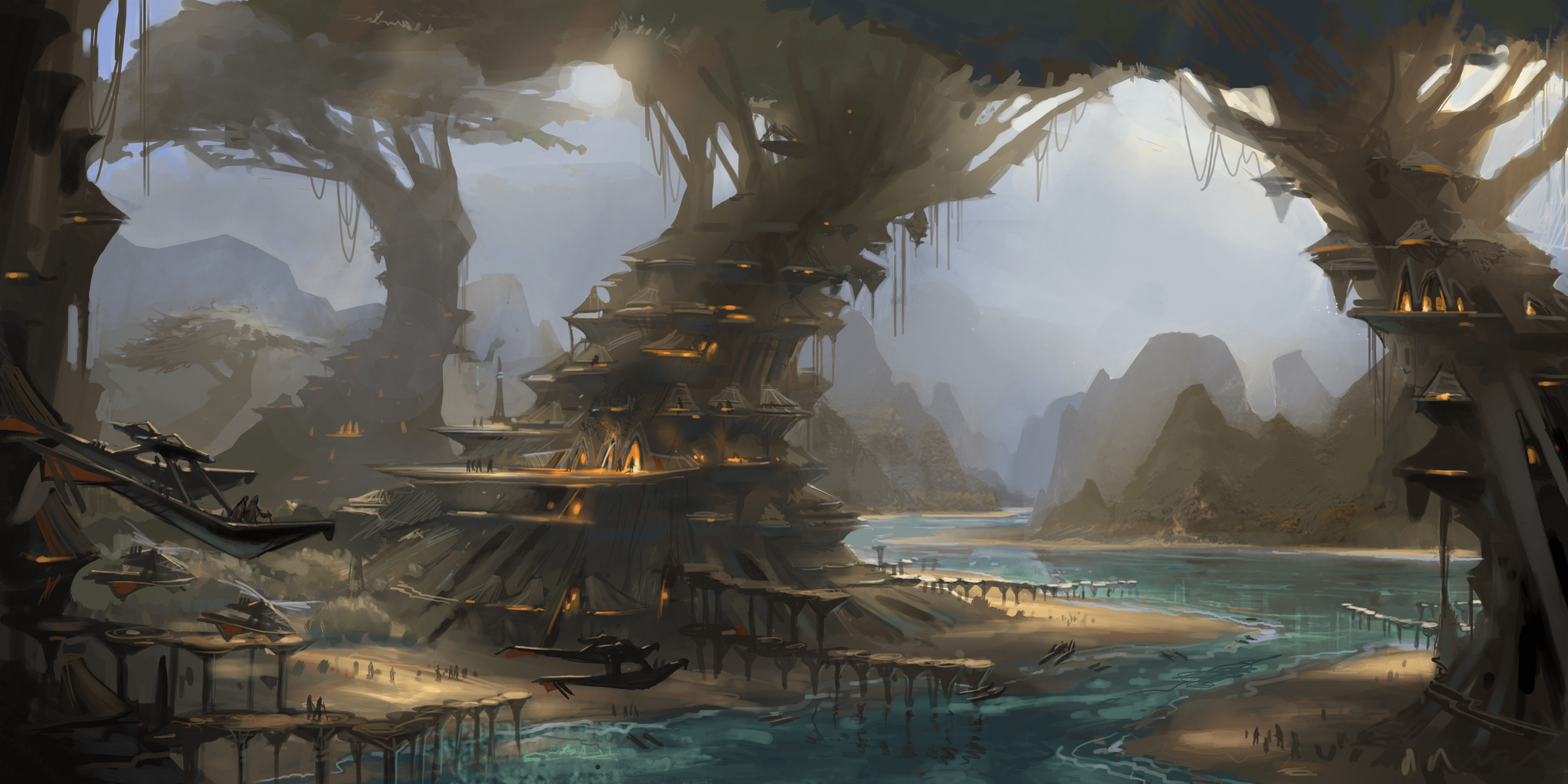 Star Wars, artwork, science fiction, tree house, water
