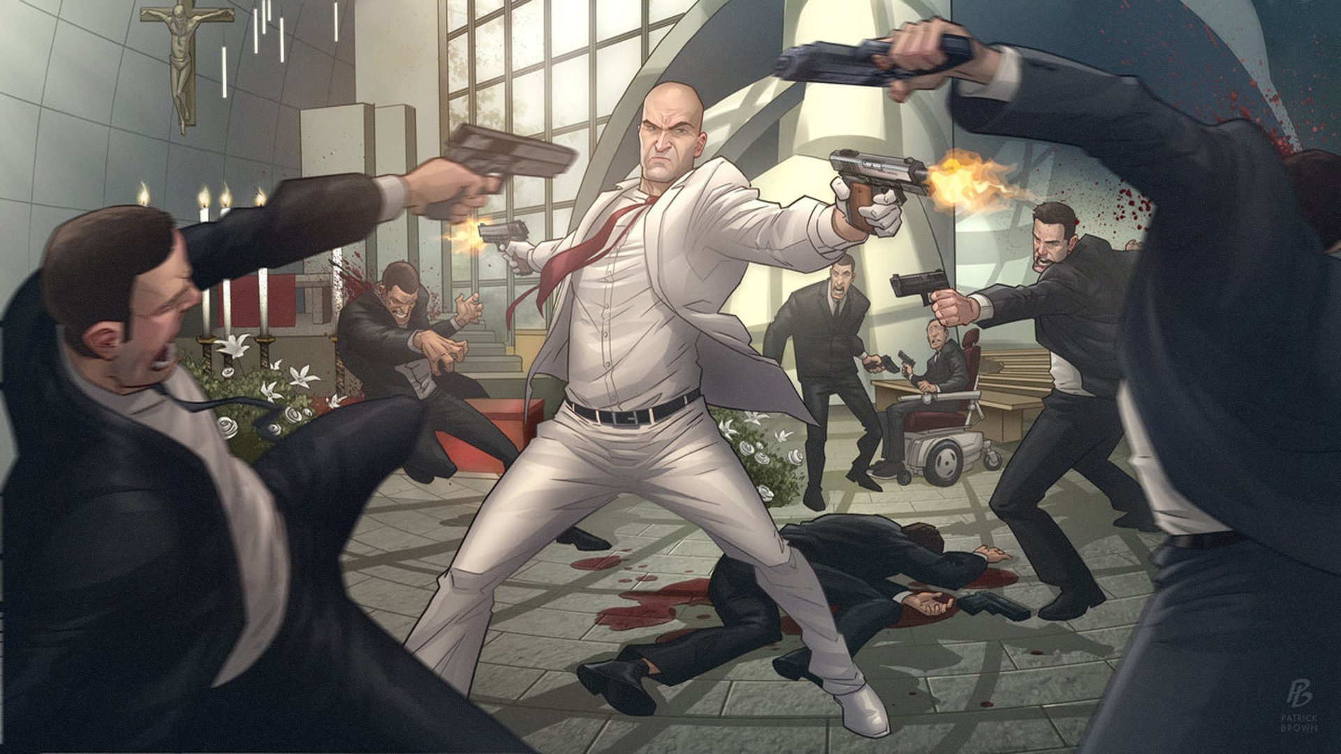bald, video game man, Hitman, video games, gun, blood