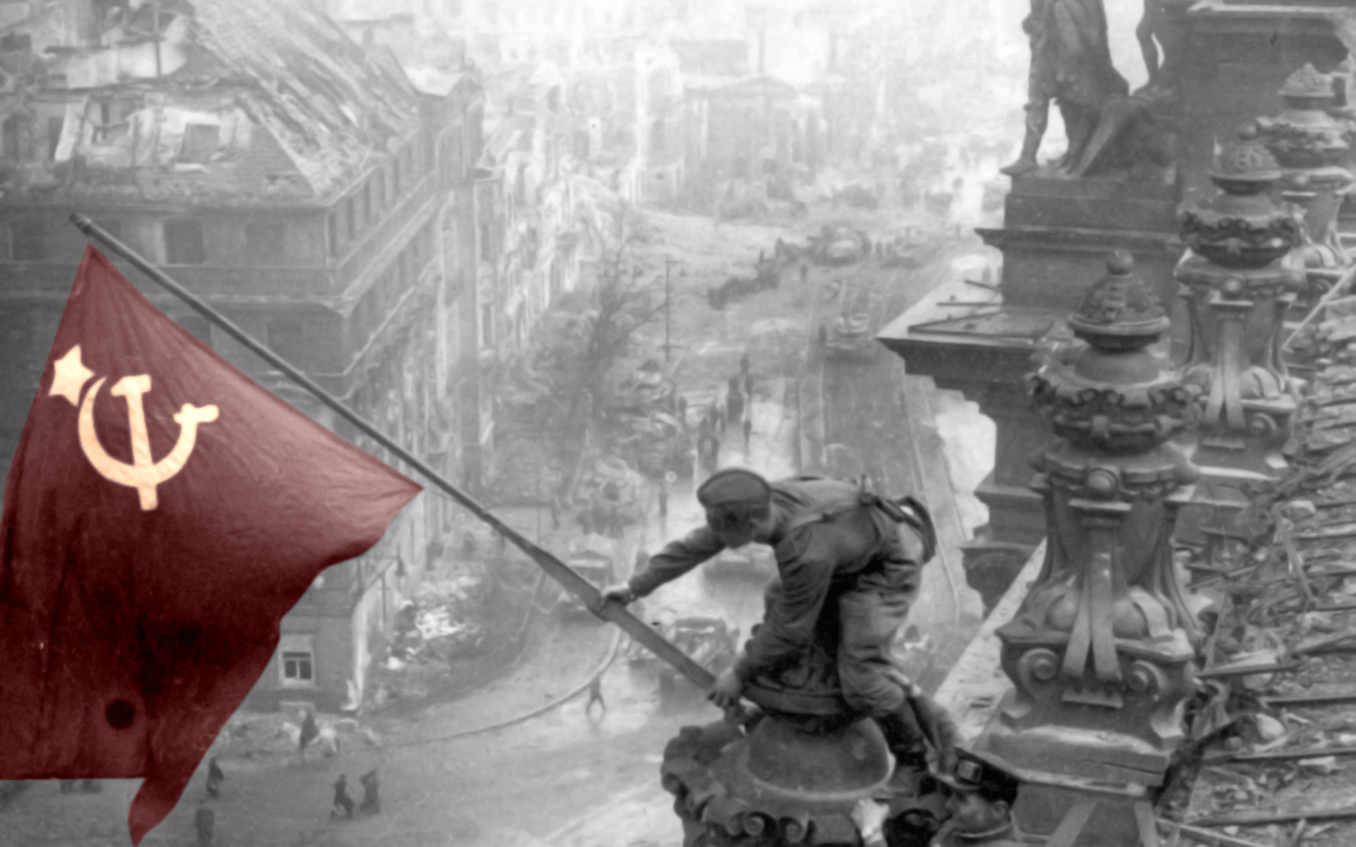 USSR, photography, selective coloring, flag, war, World War II, Berlin, hammer and sickle