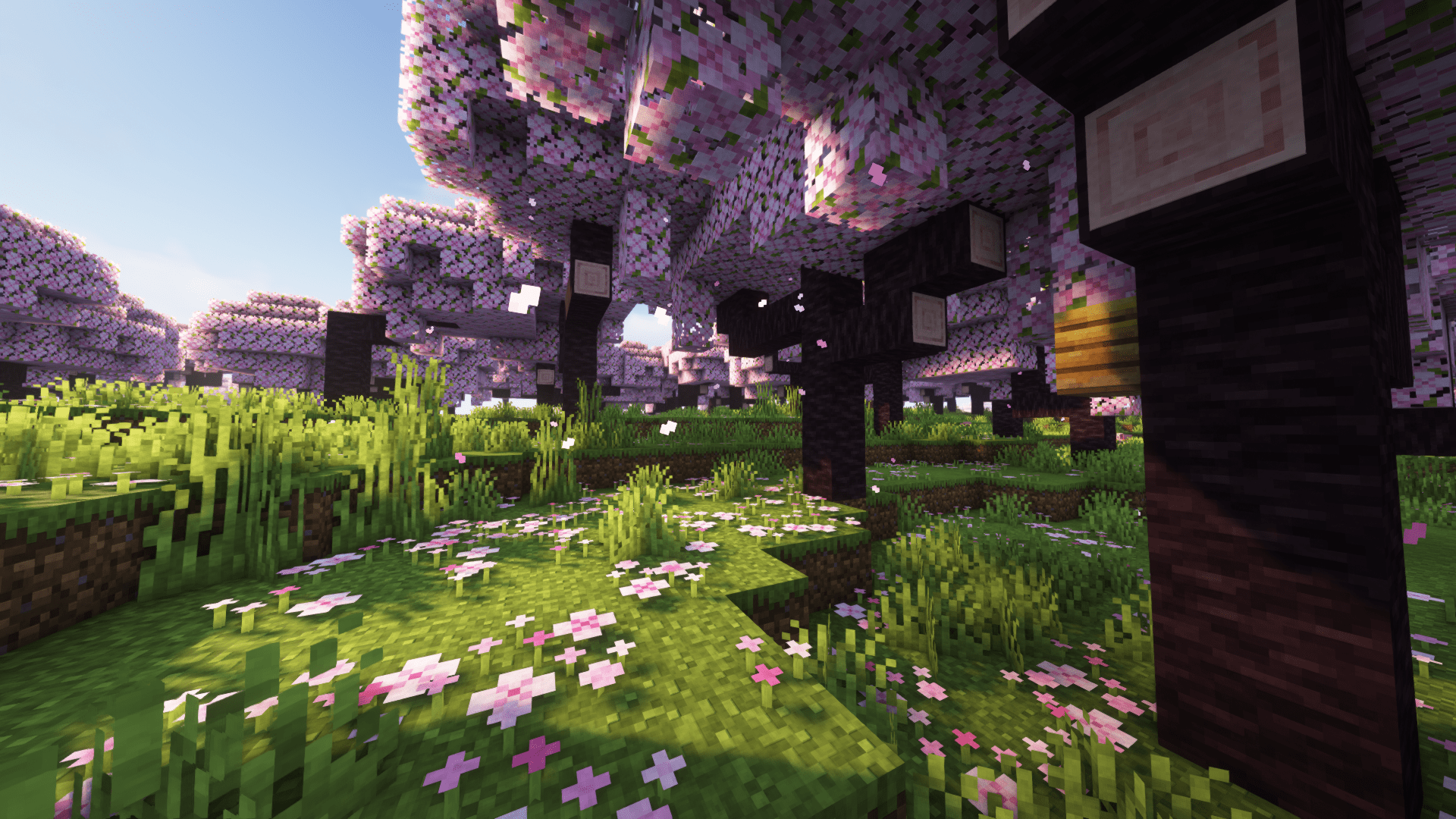 Minecraft, cherry blossom, video games, cube, flowers, trees, CGI