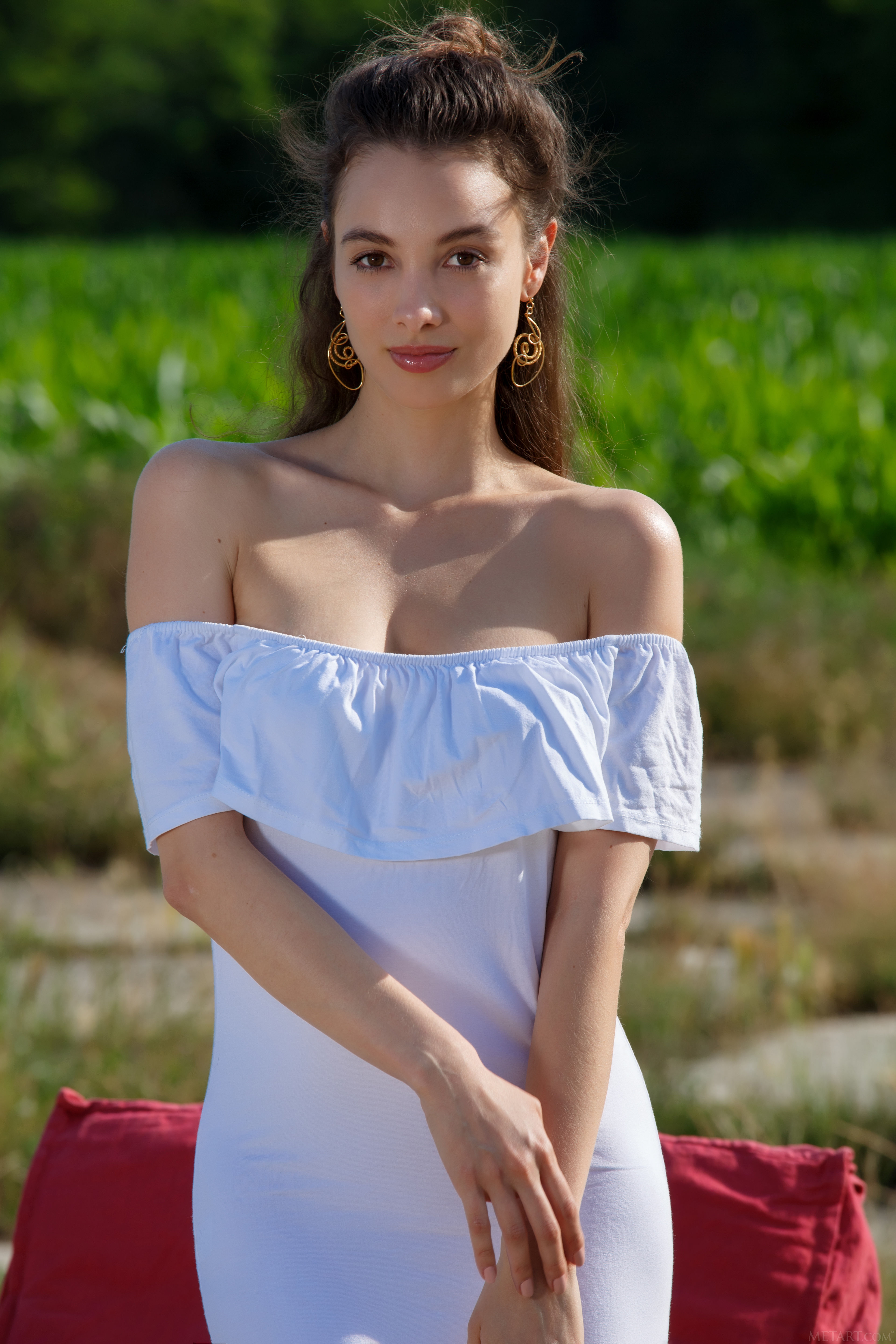 women, smiling, hair, bare shoulders, Calypso Muse, white dress, MetArt, no bra, watermarked