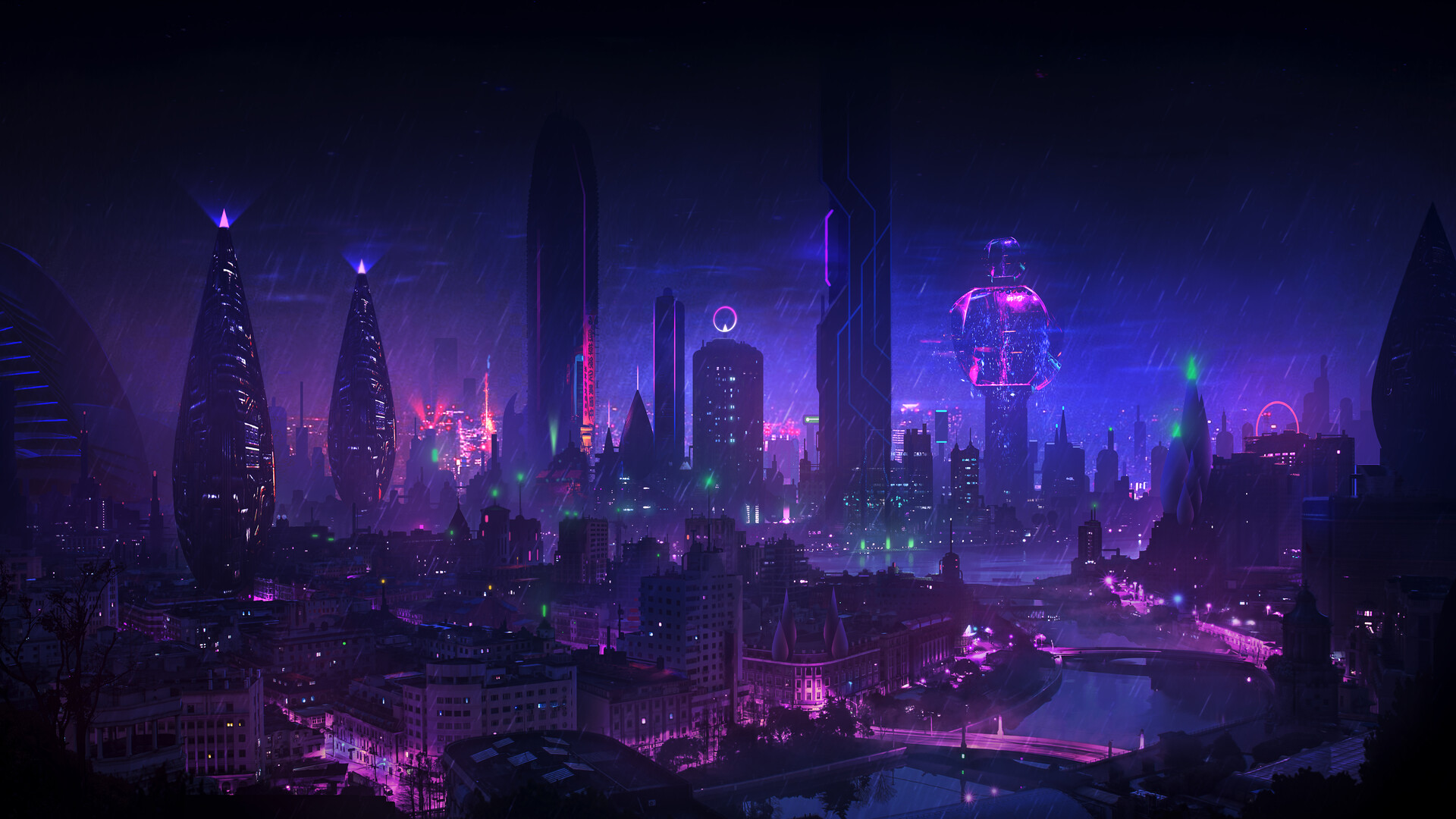 Dominic van Velsen, cyberpunk, city, night, rain, neon, cityscape