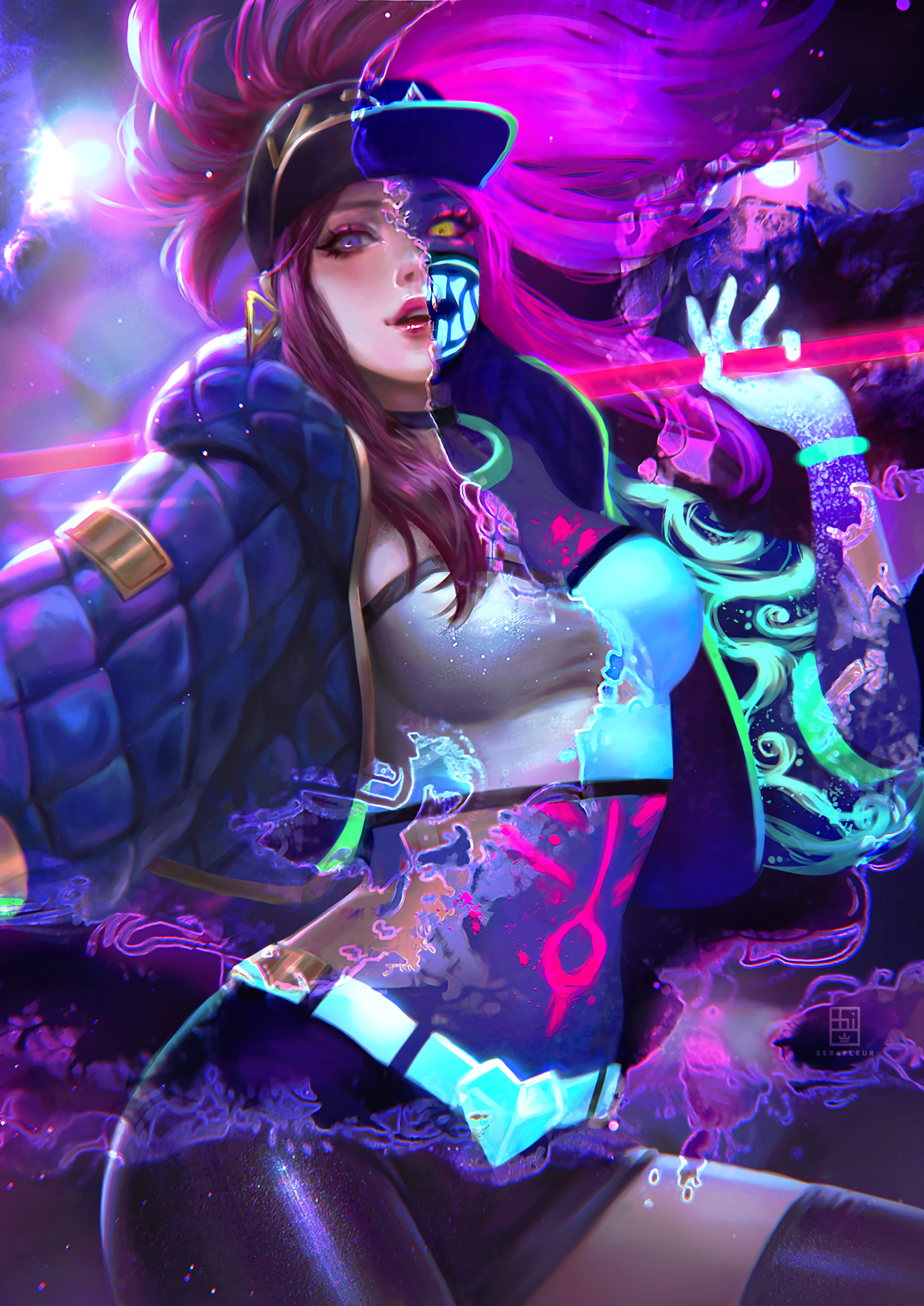 women, Akali, thighs, looking at viewer, purple hair, belly, digital art, artwork, video games