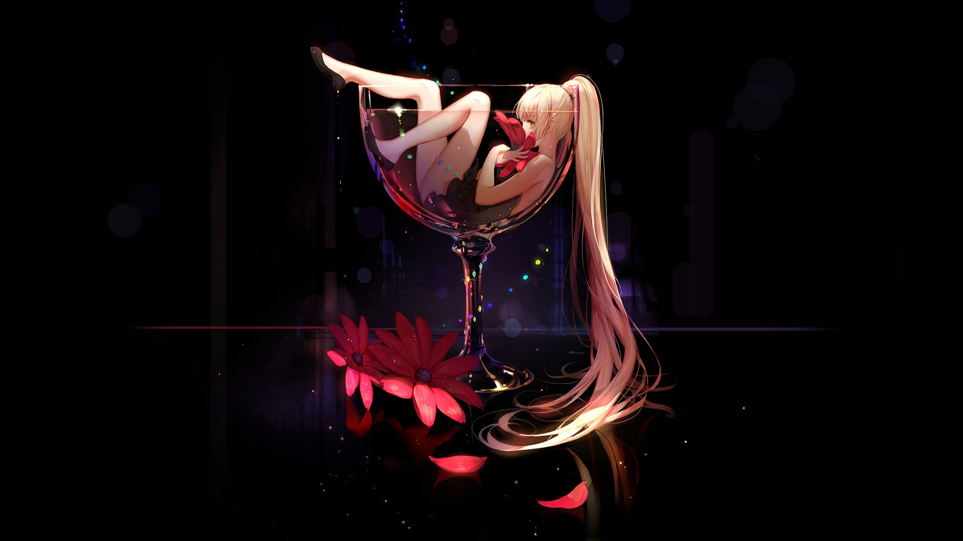 original characters, long hair, blonde, ASK (artist), legs up, anime girls, wine, anime