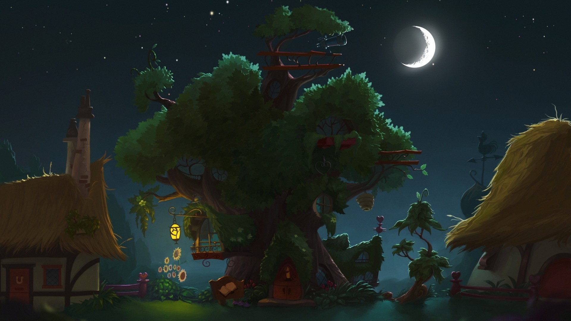 My Little Pony, artwork, house, tree house, Moon, night, fantasy art