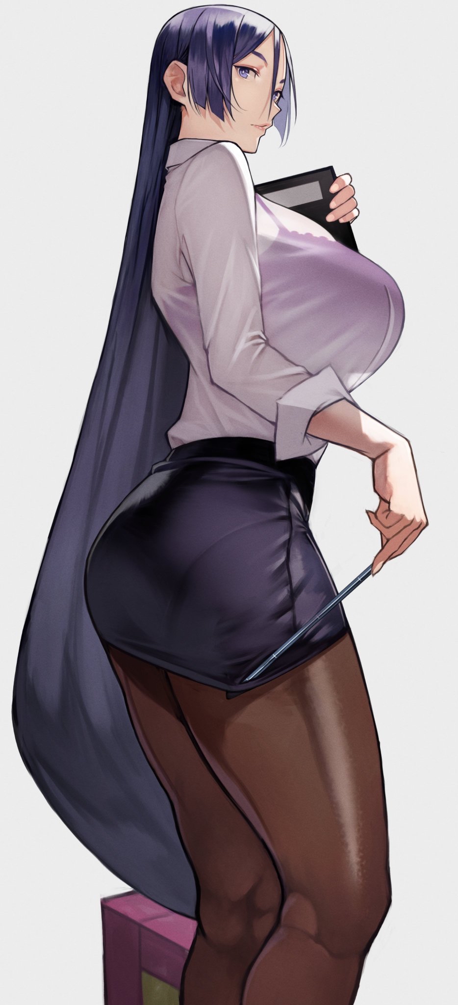 huge breasts, looking over shoulder, standing, Yoshio (artist), looking