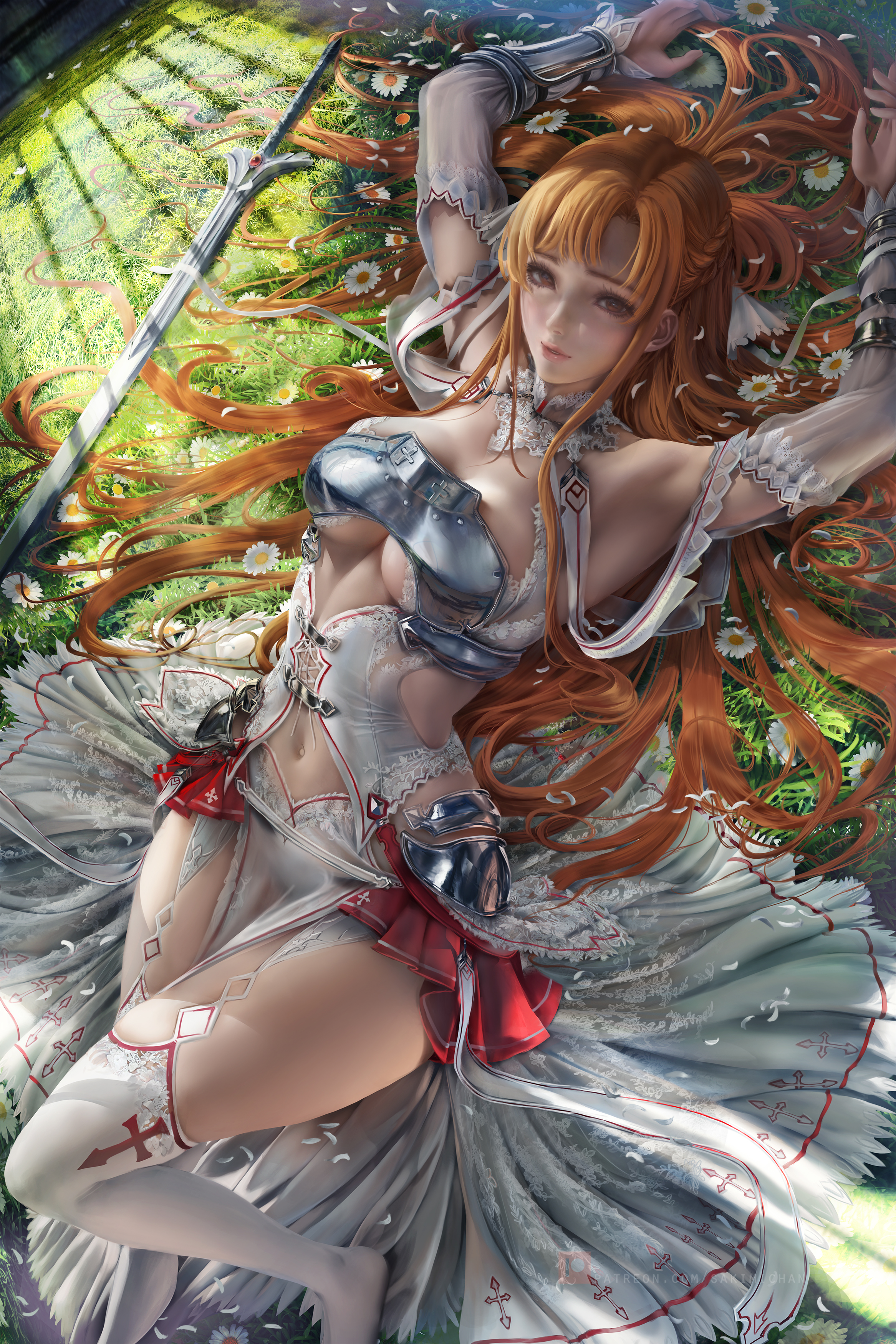 redhead, long hair, lying on back, looking at viewer, Sakimichan, underboob, belly, women with