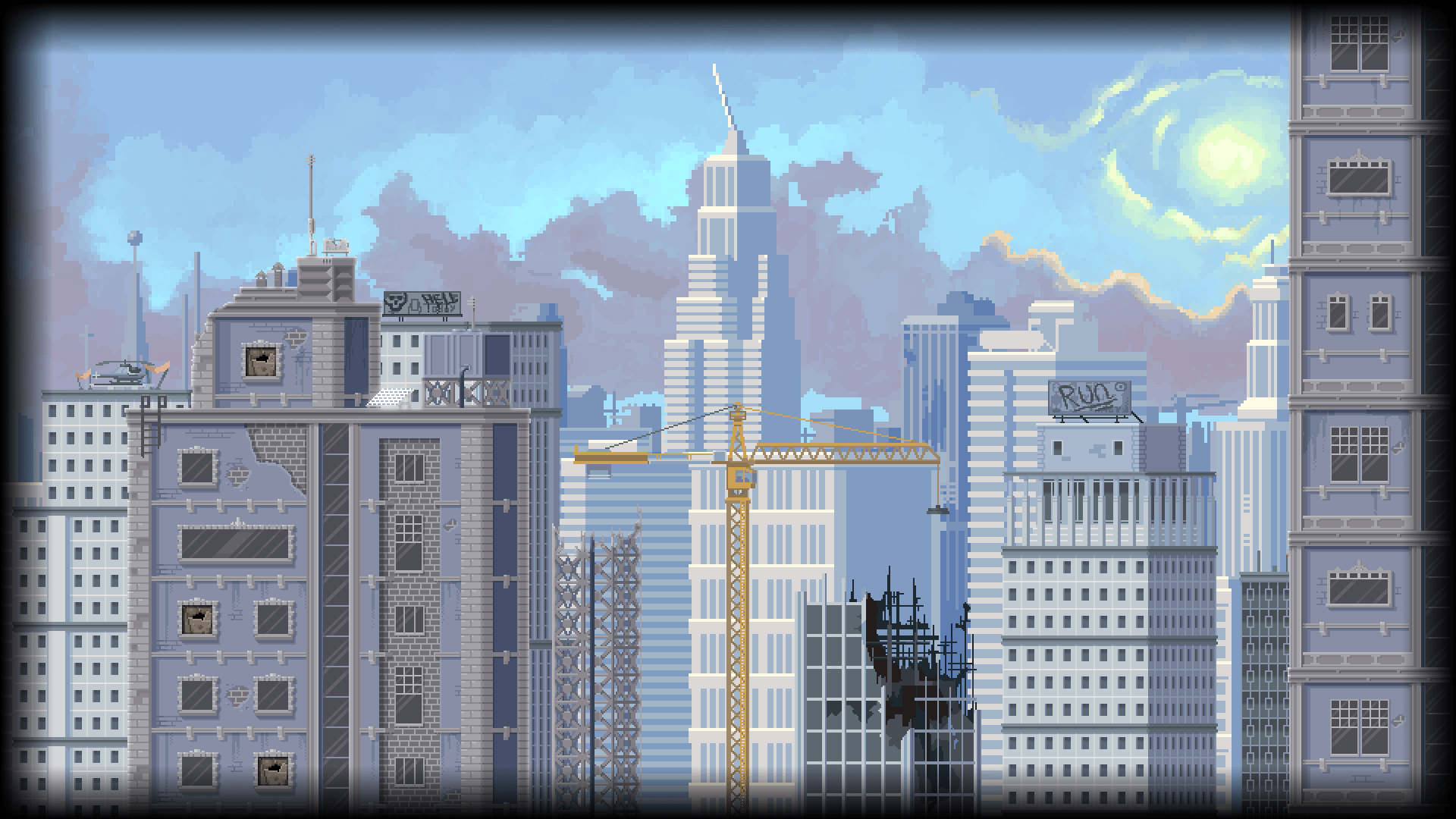 pixels, pixel art, pixelated, building, skyscraper, cityscape, cranes