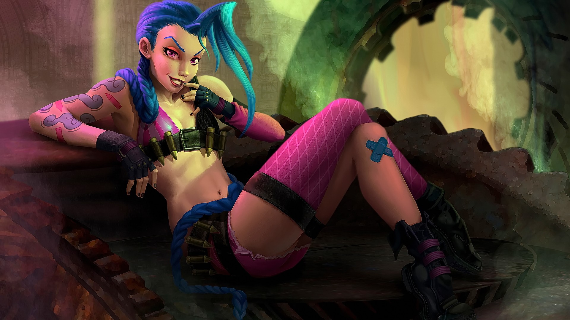 Jinx (League of Legends), fantasy girl, legs, blue hair, League of Legends, PC gaming, missing