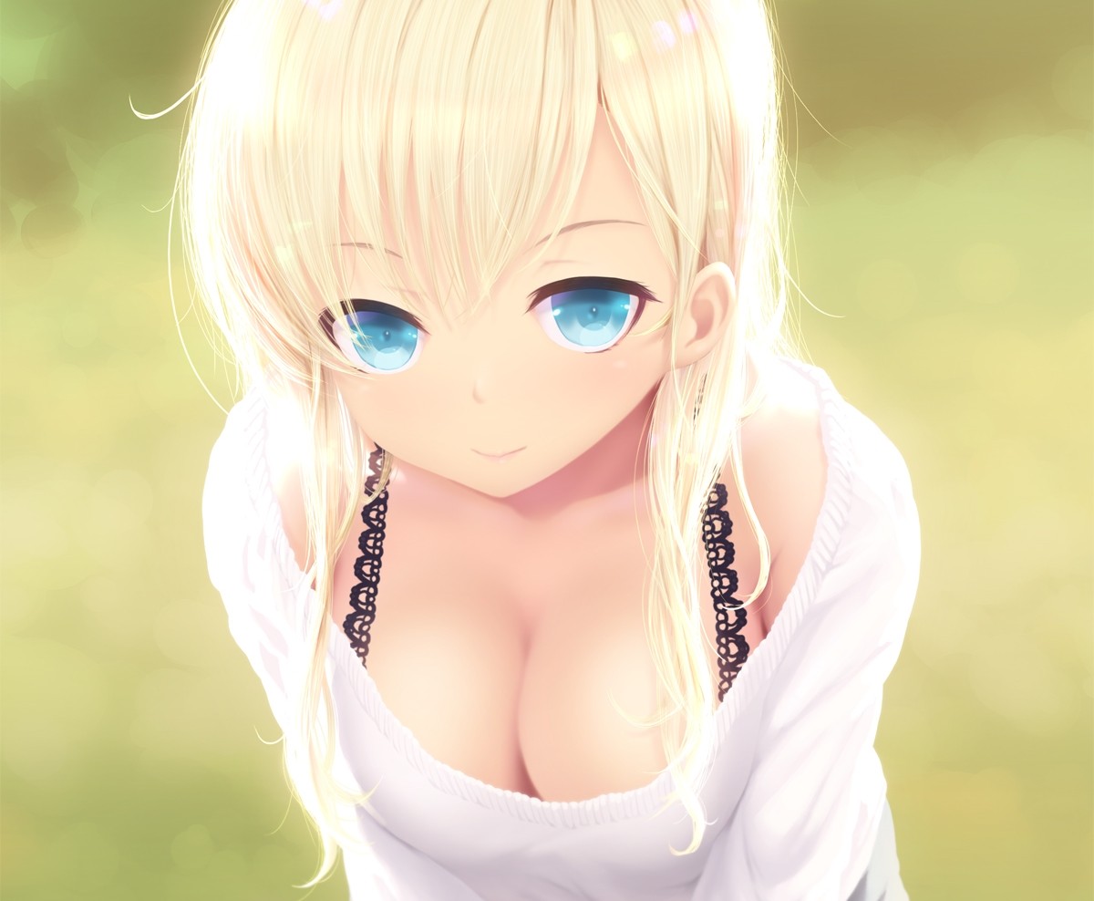 blonde, cleavage, Cait Aron, boobs, smiling, looking at viewer, anime