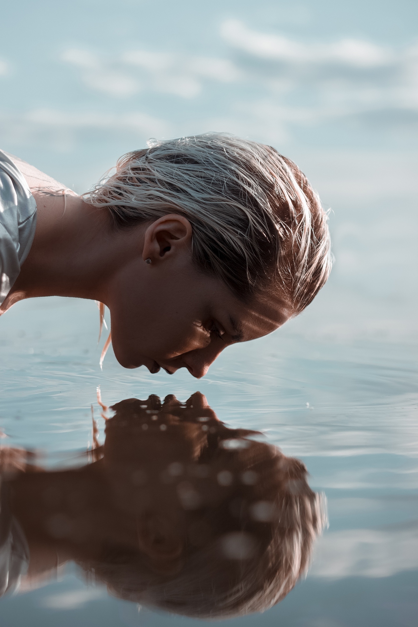 women, model, women outdoors, face, blonde, water, reflection