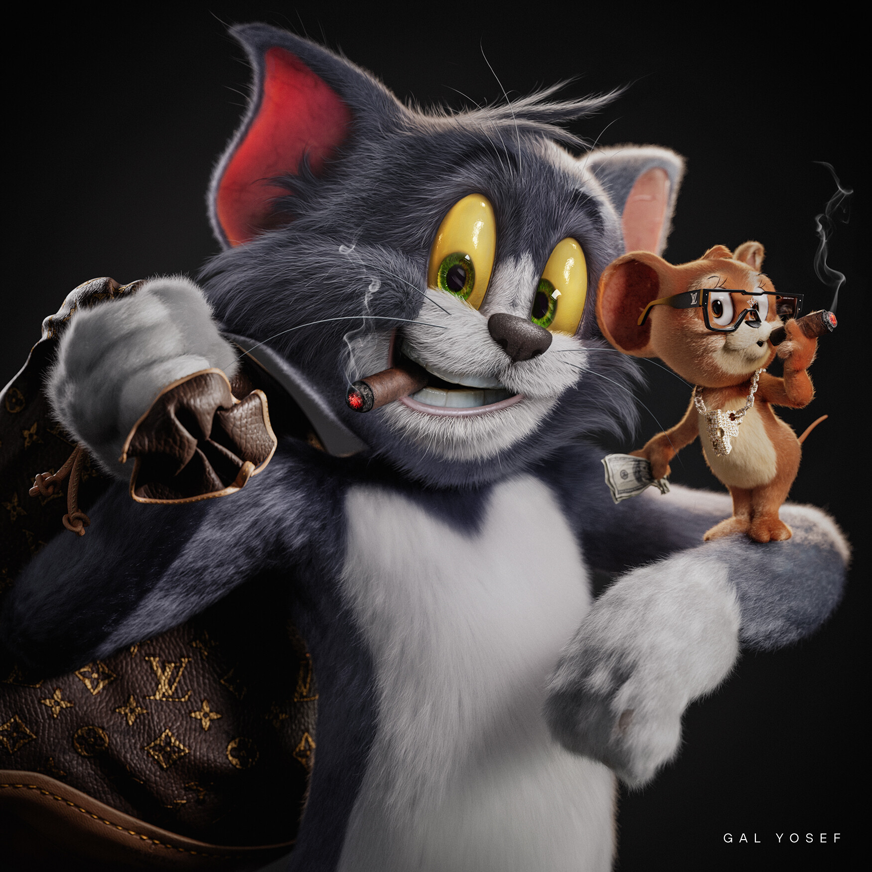 Gal Yosef, looking at viewer, artwork, digital art, Tom and Jerry, cats
