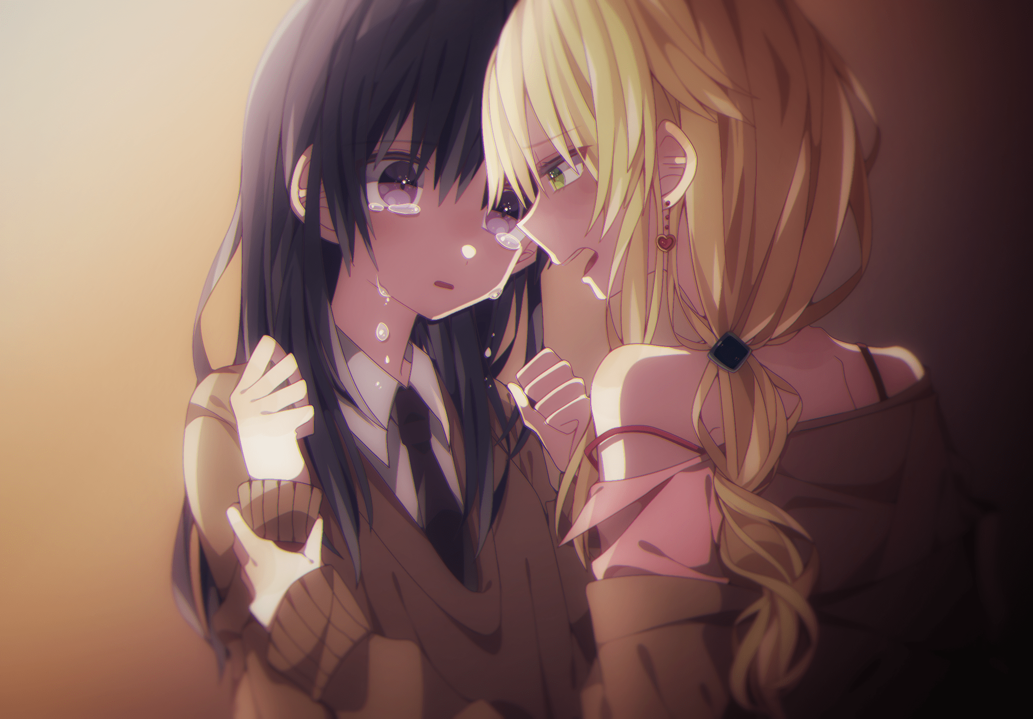 long hair, dark hair, purple eyes, green eyes, anime, anime girls, yuri, Citrus (manga), crying