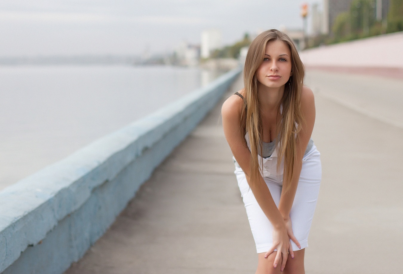 Elena (model), long hair, women, model, brunette, bent over, cleavage