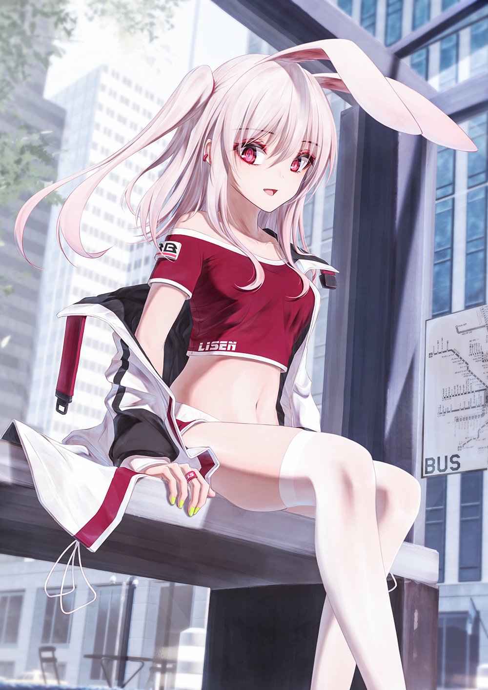 original characters, Bae.C, red eyes, white hair, sitting