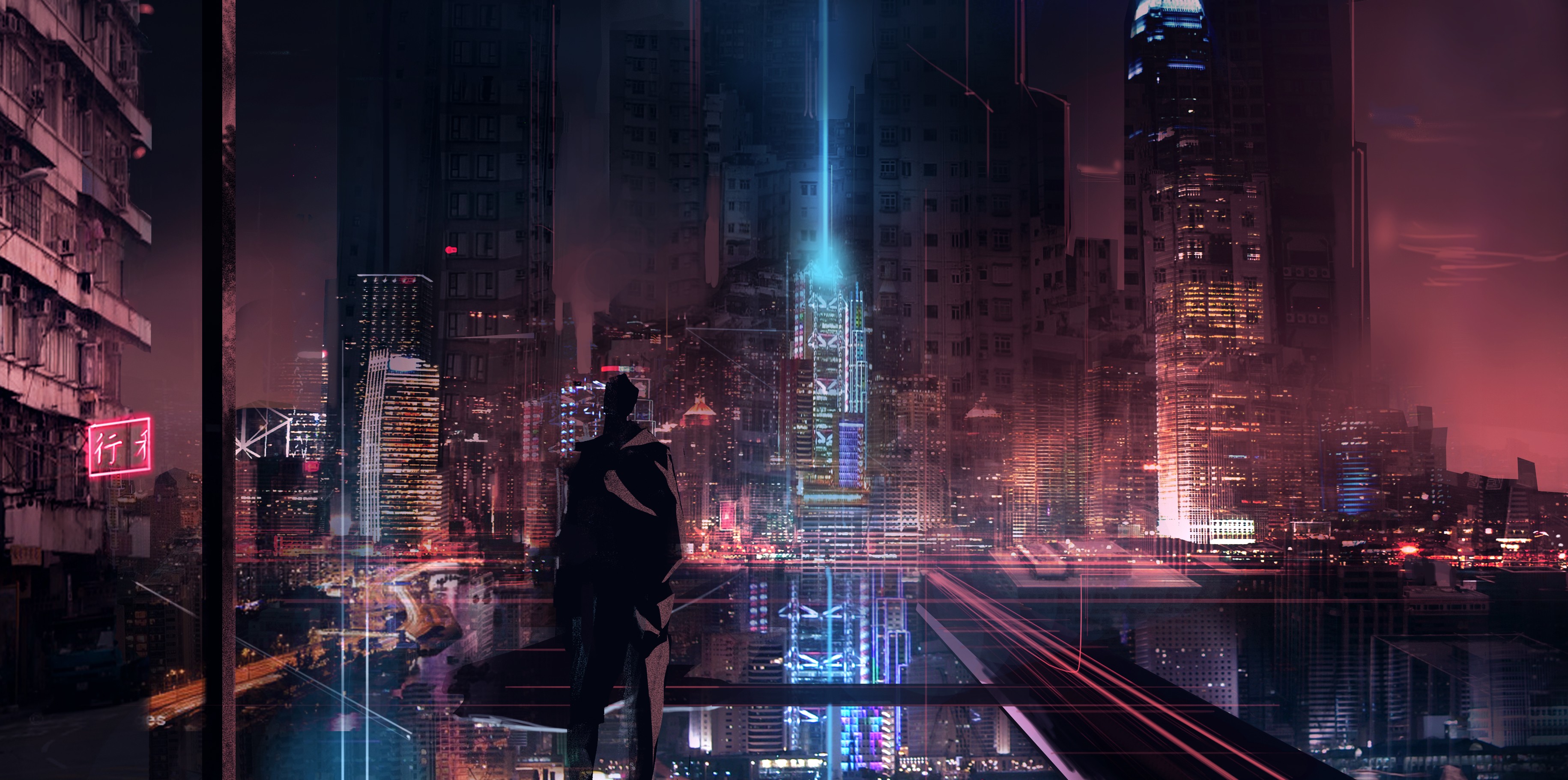 futuristic, cyber, silhouette, futuristic city, glowing, skyscraper