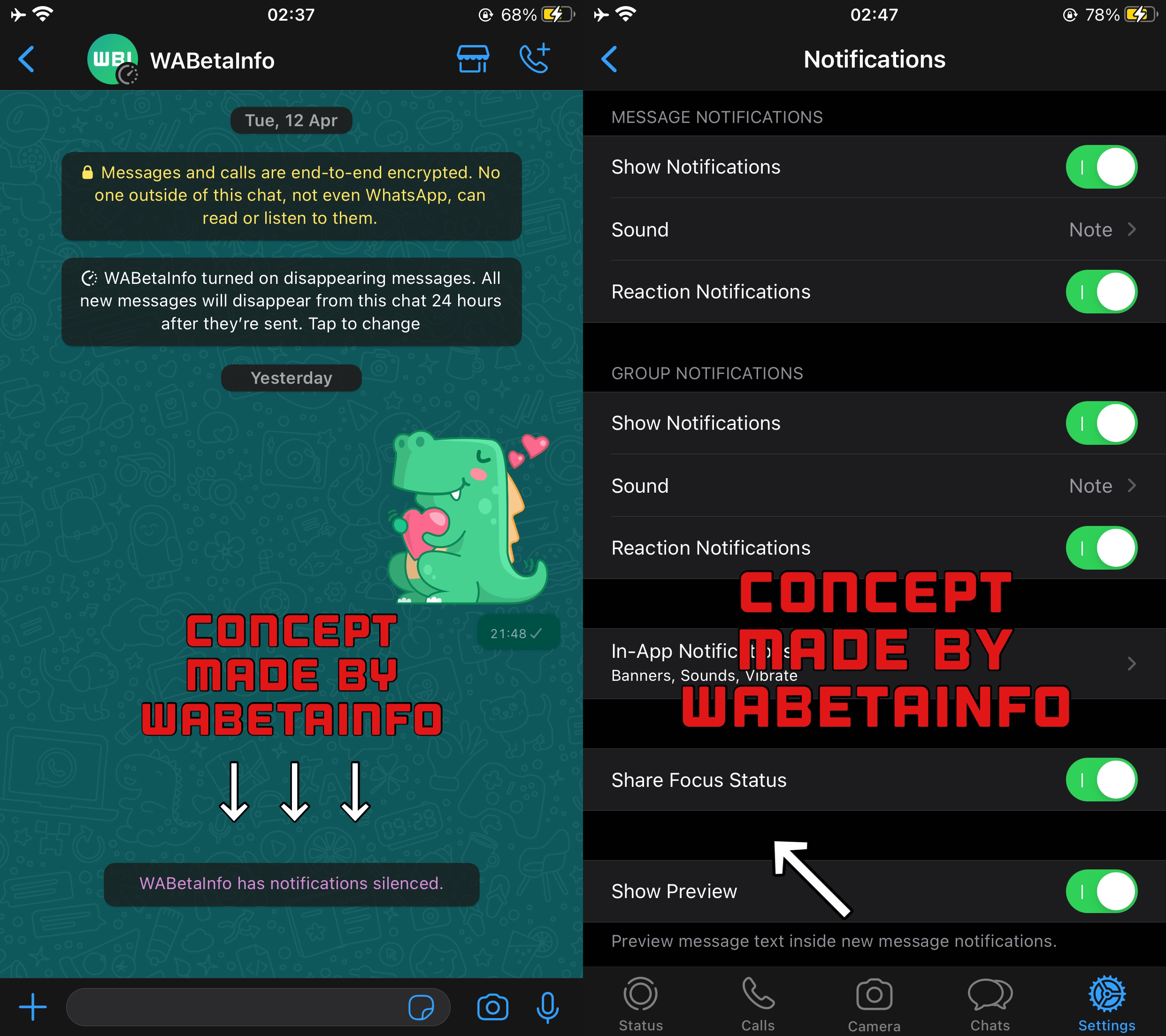 A concept reveals the focus mode status on WhatsApp WABetaInfo