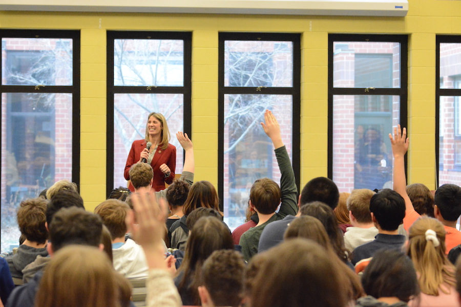 Representative Trahan speaks to students at Blanchard Middle School