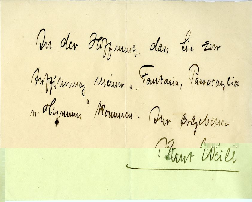 Weill, Kurt, Autograph Note Signed ZSR Library