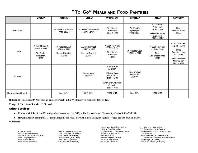 ToGo Meals & Food Pantries in Evanston Area David E. Walker
