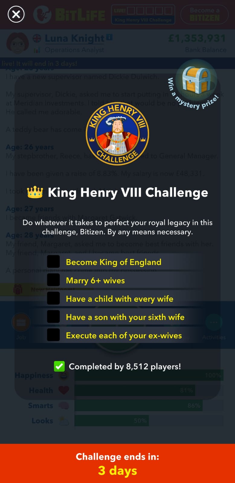 Bitlife Guide How to Complete the King Henry VIII Challenge