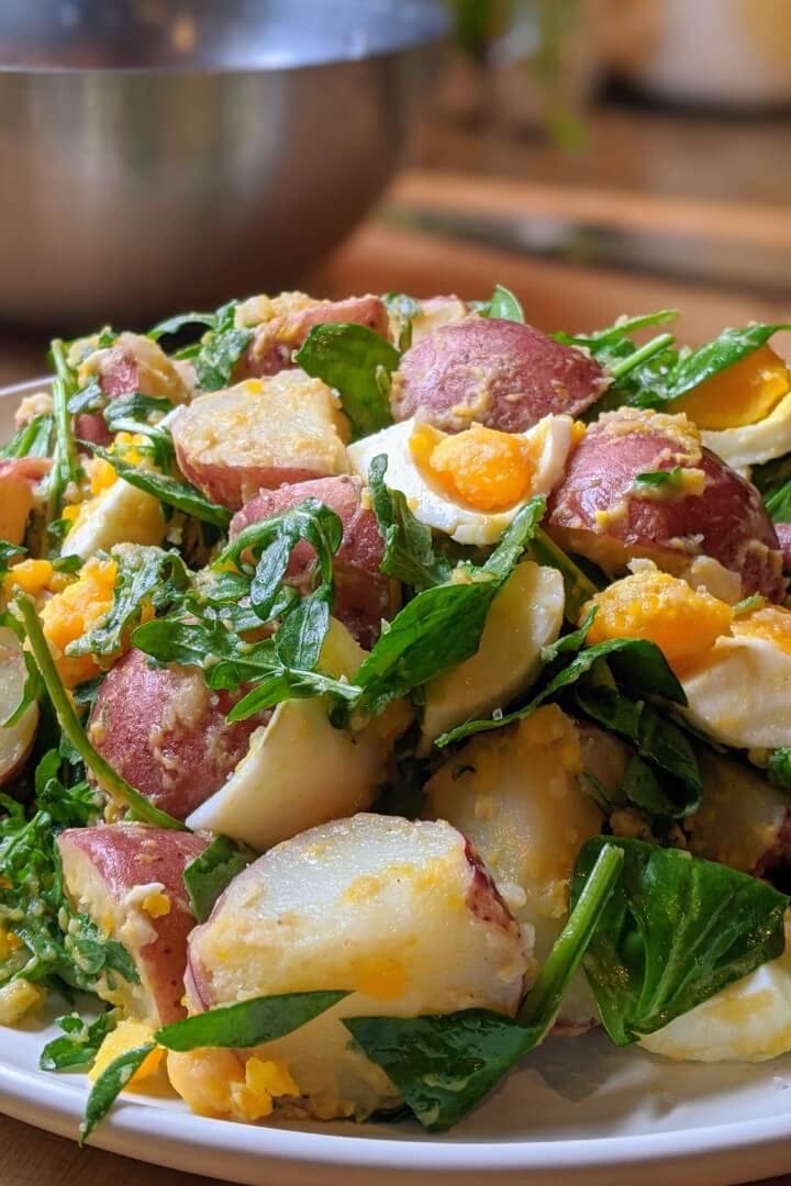 Healthy Potato Salad with Egg, Spring Greens, and Mustard Vinaigrette