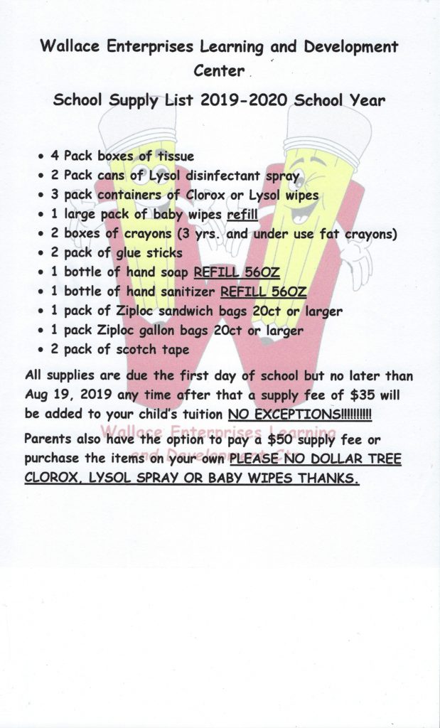 Supply List Wallace Enterprises Learning and Development Ctr.