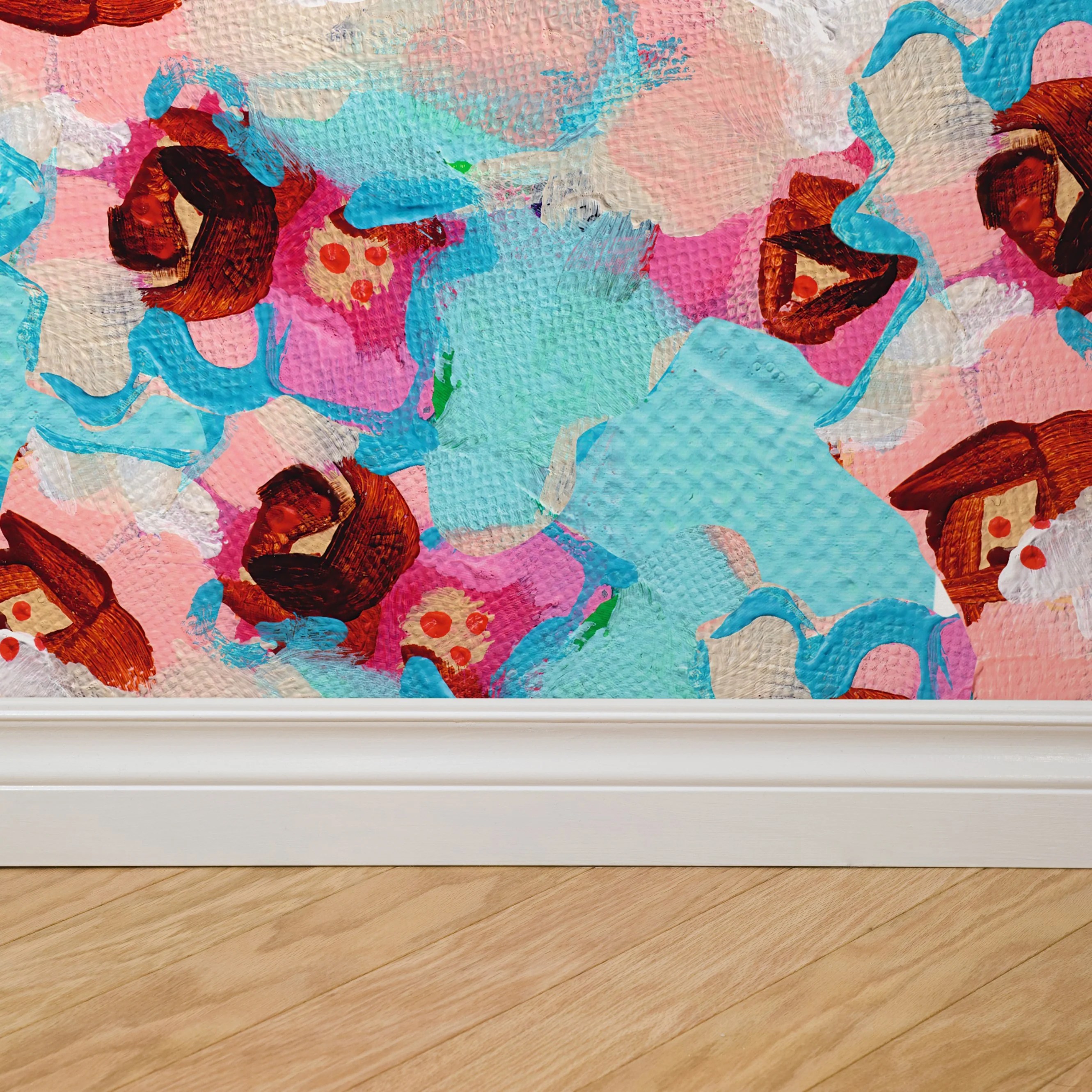 El Palo Hand Painted Pink and Blue Abstract Floral Wallpaper