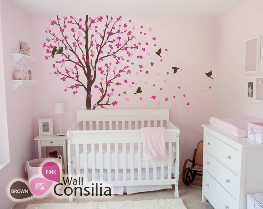 Baby room tree decal with flowers and birdsWall