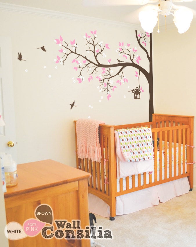 Nursery corner tree with happy birds Girls room