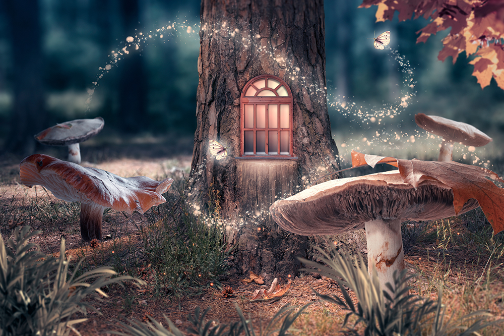 Fantasy enchanted fairy tale forest with giant mushrooms, magical elf