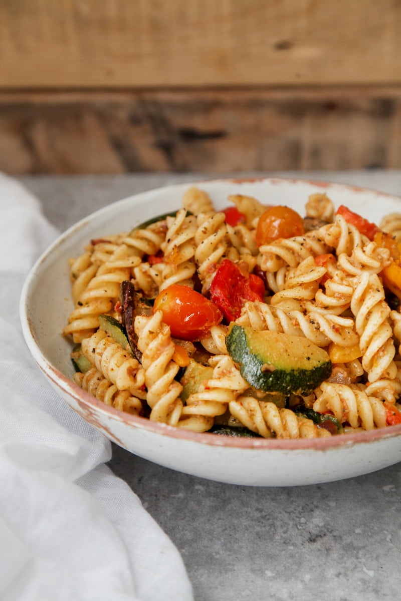 Veggie Pasta with Chargrilled Aubergine Pesto Wallflower Kitchen