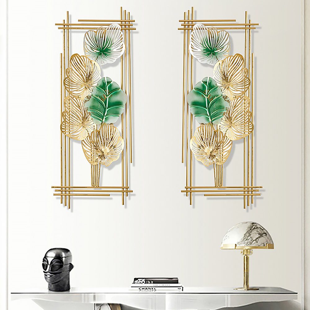 2 Pieces Metal Leaf Framed Wall Decor Gold & Green Rectangular Wall O