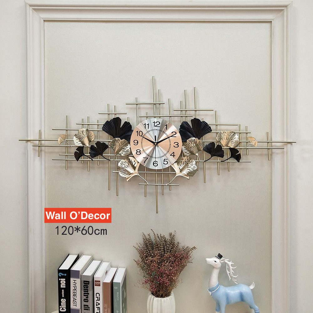 120cm Black & Gold Luxury Geometric Wall Clock Large Gingko Leaves