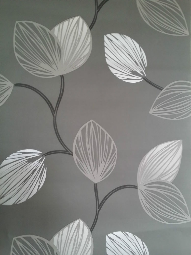 BLACK GREY & SILVER LEAF DESIGNER FEATURE WALL WALLPAPER eBay